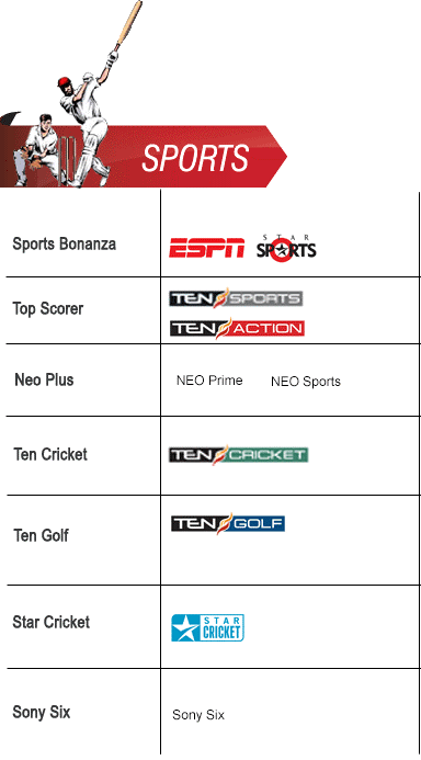 ESPN, Star Sports, Star Cricket, Ten Sports, Ten Action, Neo Cricket, Neo Sports, Set Max